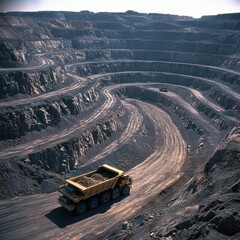 Aerial View of a Massive Open Pit Mine with Heavy Equipment Hauling Ore on a Winding Road System