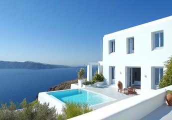 Fototapeta premium A sleek, minimalist white house with clean lines and large windows overlooking the sea