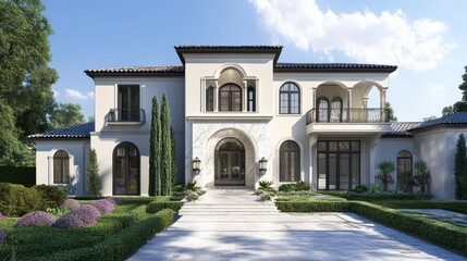 Elegant Modern Villa Surrounded by Lush Green Landscaping and Sky