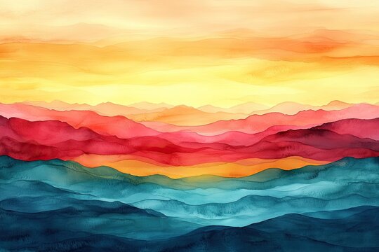 Abstract watercolor landscape of layered mountains in warm and cool tones. Ideal for designs needing a serene, artistic feel; evokes calmness and tranquility.