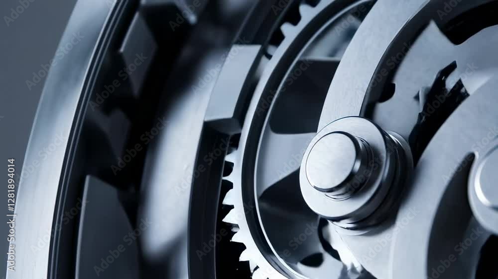 Poster Metallic gears interlock and rotate smoothly in a complex mechanical system, showcasing precision engineering and industrial design in slow motion