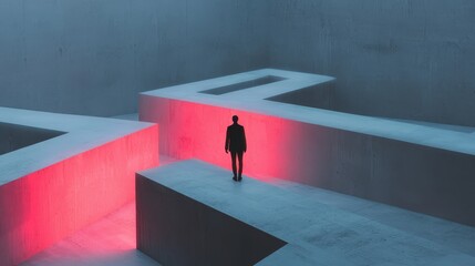 Solitary Figure in Abstract Labyrinth with Pink Neon Lighting