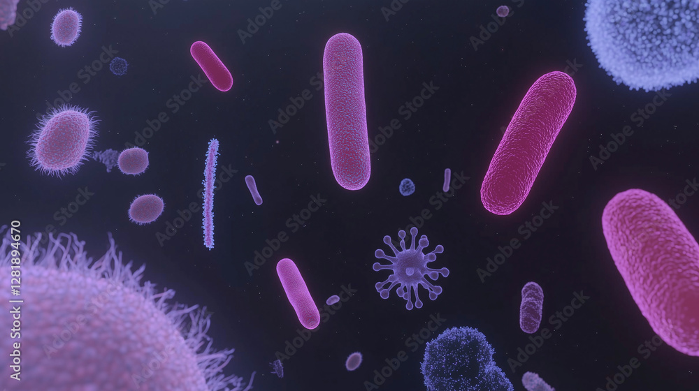 Poster microscopic world: an abstract view of bacteria and viruses under a microscope, representing the uns