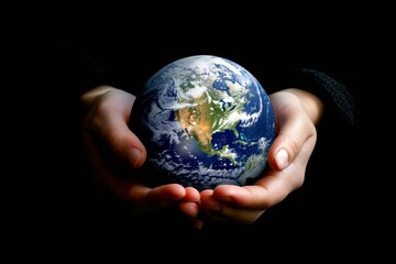 Person holding a globe in hands, empty background.