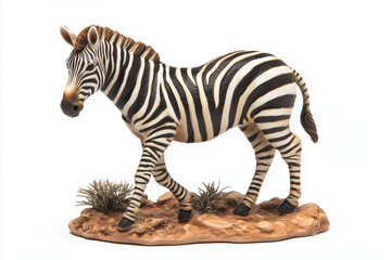 Obraz premium A realistic plastic figurine of a zebra, isolated on white background 