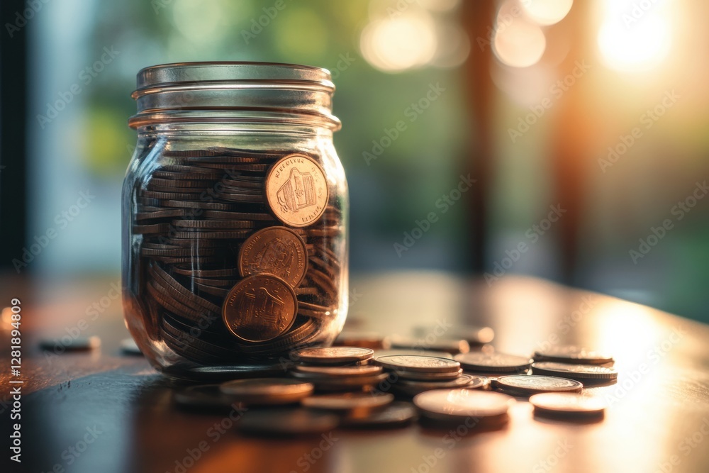 Poster Glass jar filled with coins on table basking in warm evening light. Generative AI