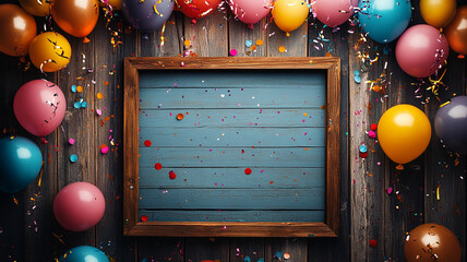 festive scene featuring wooden frame surrounded by colorful balloons and confetti, perfect for celebrations. vibrant colors create joyful