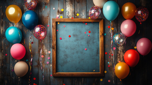 festive scene featuring wooden frame surrounded by colorful balloons and confetti, perfect for celebrations and special occasions