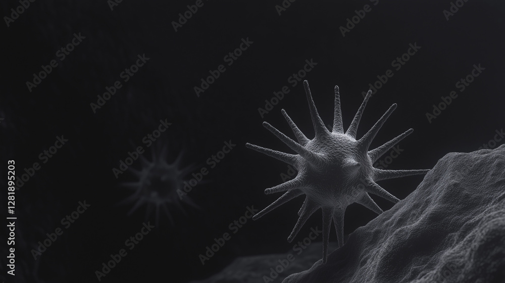 Poster the unseen enemy: a close-up view of a virus particle, showcasing its intricate structure and potent