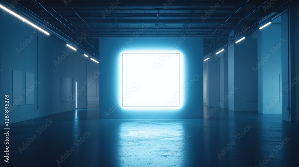 Poster illuminated square in modern art gallery with blue ambiance and polished floor reflecting light crea