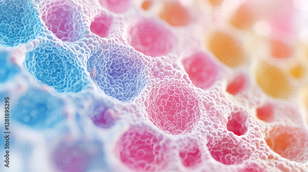 Poster vibrant cellular structure: an artistic macro shot unveils a mesmerizing network of colorful cells, 