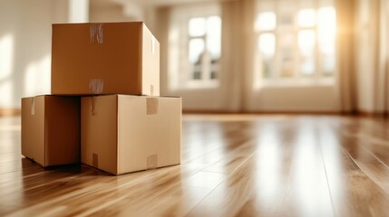 Three cardboard boxes stacked together in a well-lit room with wooden floors, creating a sense of anticipation and possibility for a new beginning or relocation.