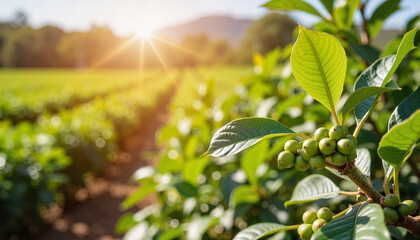 Close-up of coffee plant buds glowing in sunlight, tropical beauty