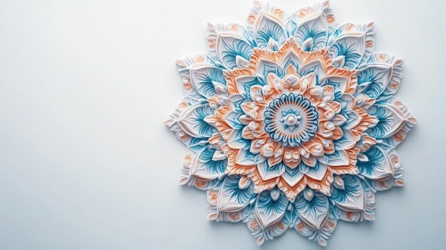 Teal and Peach Mandala. Detailed mandala pattern in teal and peach hues on a soft white background, radiating elegance and artistic flair.
