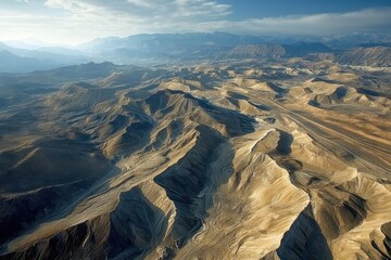 Majestic aerial view of rugged mountain terrain with dramatic shadows and distant peaks under a serene sky landscape
