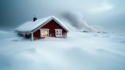 A striking red house surrounded by a captivating snowy landscape, emphasizing the contrast of color against the peaceful white backdrop of winter.