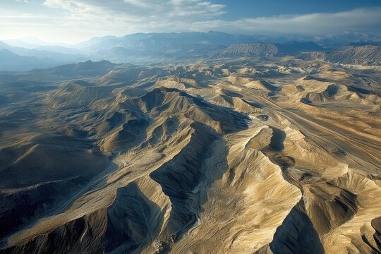 Majestic aerial view of rugged mountain terrain with dramatic shadows and distant peaks under a serene sky landscape - Powered by Adobe