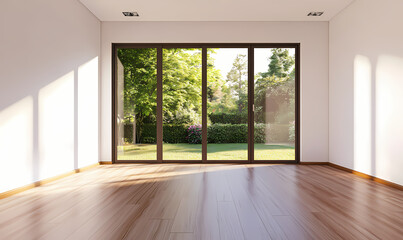 Fototapeta premium Empty modern living room interior with a white wall and wooden floor, a large window with a glass door overlooking a garden landscape
