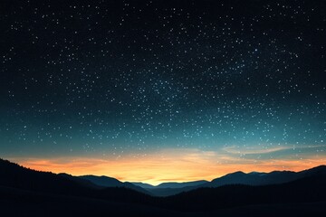 Majestic Starry Night Sky Over Mountain Range with Golden Sunset Glow and Tranquil Silhouette Landscape