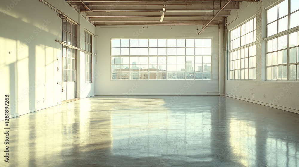 Poster sunlight pours through towering windows, highlighting the smooth, reflective floor within the spacio