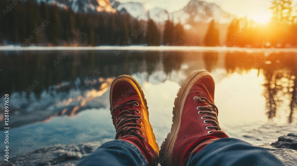Leinwandbilder Relaxing by the lake at sunset with red boots in the foreground surrounded by mountains and trees. Generative AI