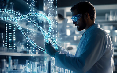 DNA and Medical Breakthroughs: A double-helix structure in the foreground with a scientist analyzing research data in a modern lab