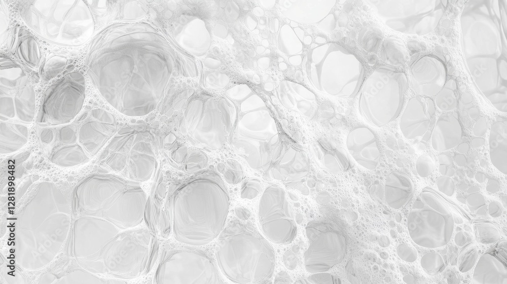 Poster A mesmerizing display of soft white soap foam bubbles intermingles to form an abstract texture. This captivating pattern evokes a sense of cleanliness and elegance, perfect for creative inspiration.
