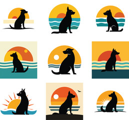  A black silhouette of a dog sitting on a beach with a retro sunset.