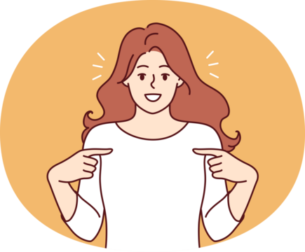 Happy woman pointing finger at t-shirt recommending good laundry detergent or bleach for clothes. Happy girl is proud of own achievements or success in career, and says yes its me.