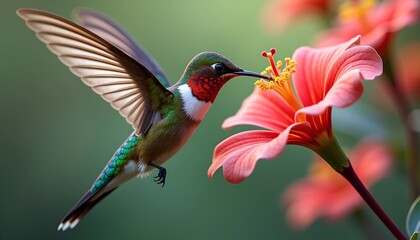 Colorful hummingbird feeding on a vibrant flower in a lush garden during daytime