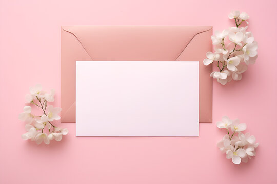 A mock-up of a bachelorette party invitation with an envelope and floral accents on a pink background