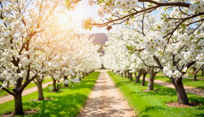 Charming tree-lined path with white blossoms in orchard, spring beauty