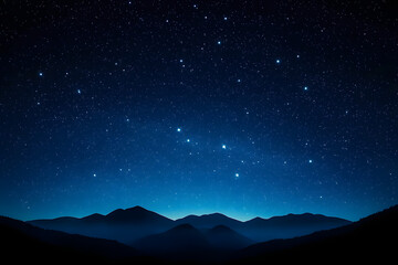 A serene night sky filled with stars over a silhouette of mountains. The main colors are deep blue and black.