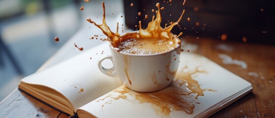 A coffee cup tips over, spilling its contents onto an open notebook, symbolizing unexpected chaos amid moments of contemplation.