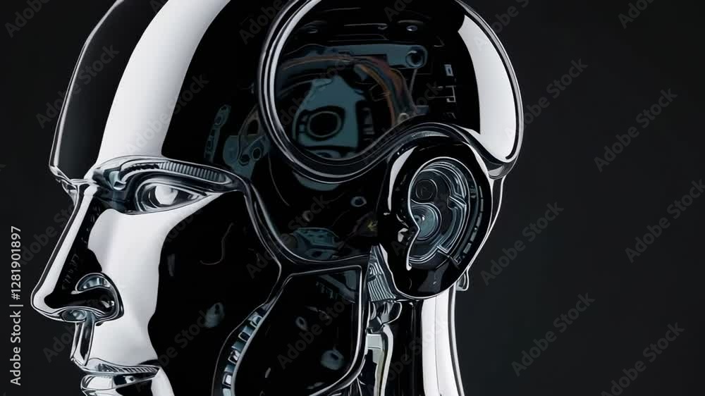 Poster chrome android head rotating, revealing intricate mechanical and electronic inner components against