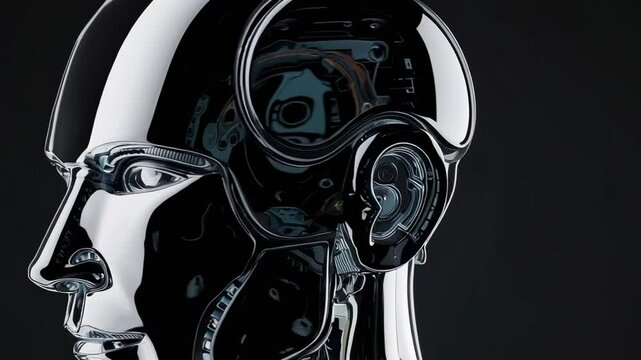 Chrome android head rotating, revealing intricate mechanical and electronic inner components against stark black background, showcasing complex technological innovation in slow motion detail