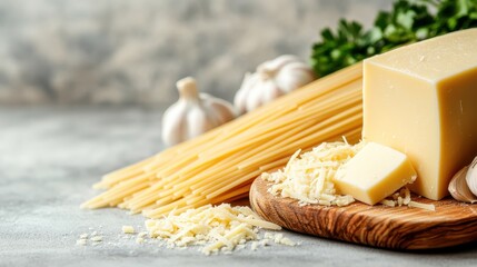 This image showcases fresh spaghetti, a block of cheese, and garlic cloves, beautifully arranged with greenery. A perfect composition for culinary themes and food recipes.