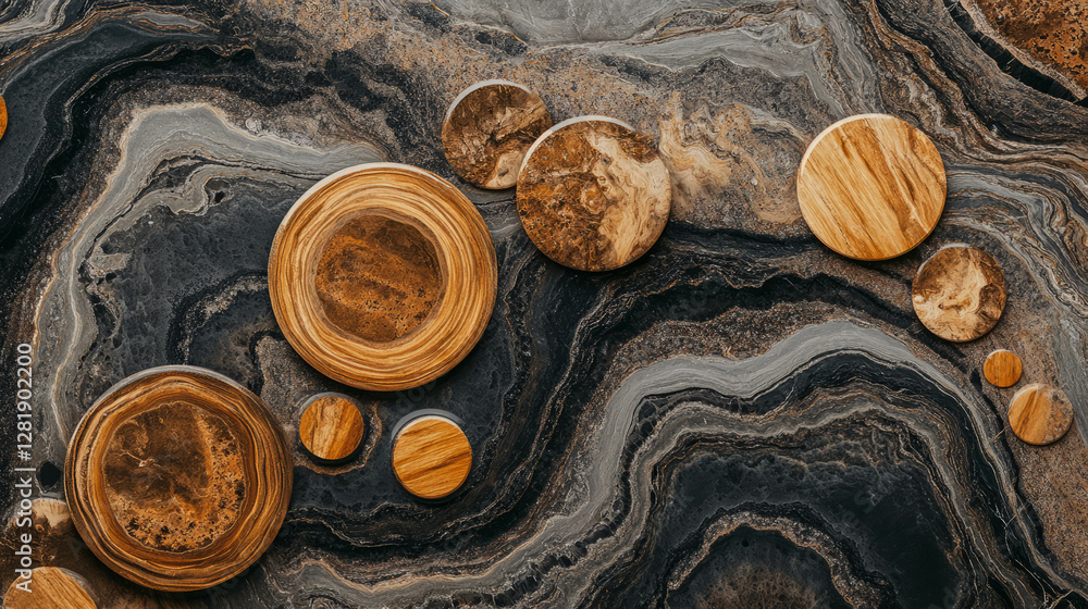 Poster intricate marble and wood texture with circular patterns and deep shadows for creative design
