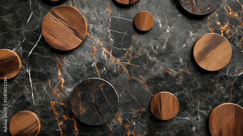 Poster abstract marble and wood design with circular patterns and shadows for modern interiors