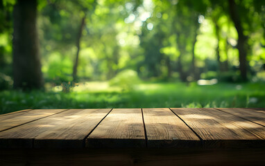 Empty wood tabletop with a blurred lush green park in the background, a fresh and natural display setting