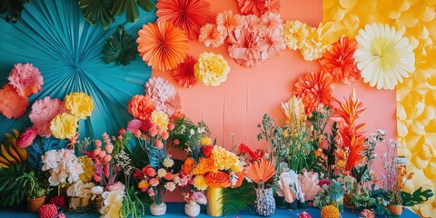 Vibrant floral exhibition with crafted paper ornaments display studio
