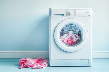 Bright and inviting laundryspace features a clean, modern washing machine filled with pink towels. The soft colors and organized setting create a serene environment for chores. Copy space