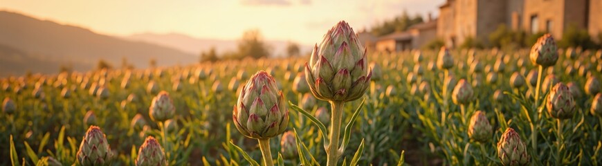 Close-up of an artichoke bud in a field at sunset with a blurred background of a building and mountains. Agricultural landscape and organic farming concept.
