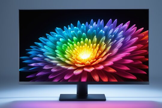 brightly colored flower on a black screen with a purple light