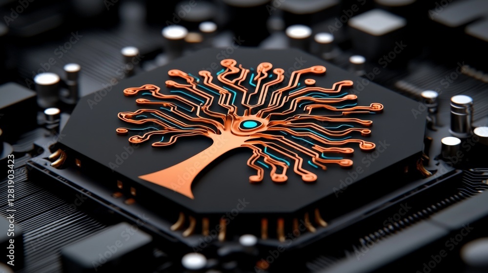 Poster Futuristic Tree Design with Circuit Patterns on Black Background