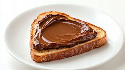 A triangular slice of toasted bread spread with chocolate hazelnut spread on a white plate.