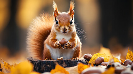 cute squirrel holding acorn amidst autumn leaves, its fluffy tail and bright eyes. warm colors of fall create delightful scene of nature beauty