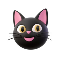 Smiling black cat face with pink ears and yellow eyes designed in 3D style. Cute expression with whiskers and a pink nose, giving playful and friendly look. Isolated on transparent background, png.