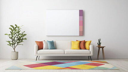 modern living room featuring white sofa with colorful cushions, plant, and vibrant rug