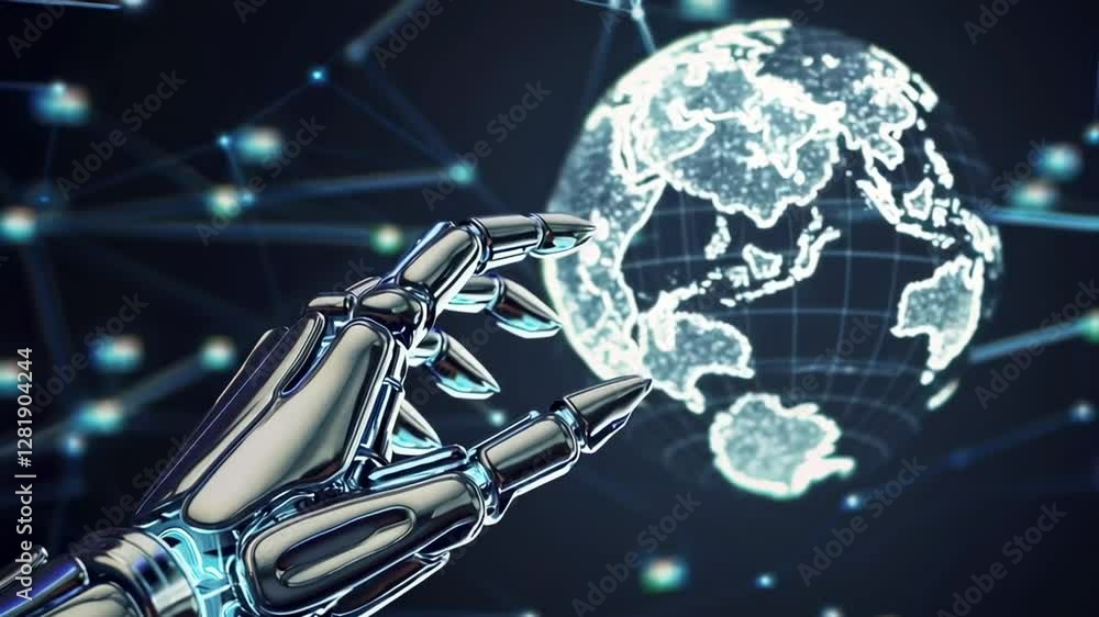 Poster metallic robotic hand gently manipulating holographic earth against dark backdrop with network conne